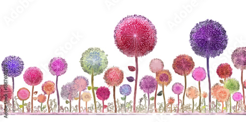 Borde decorativo de flores abstractas y coloridas con fondo blanco, ilustración digital para diseño.