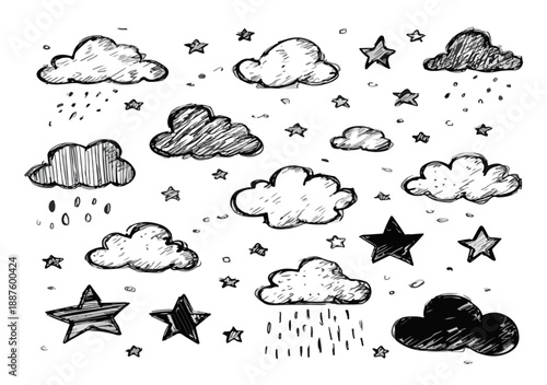 Conjunto desenhado à mão de nuvens, estrelas e chuva em estilo rabisco com fundo transparente para design.