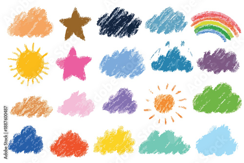 Coleção vibrante de ícones desenhados à mão de sol, nuvens, estrelas e arco-íris com fundo transparente.