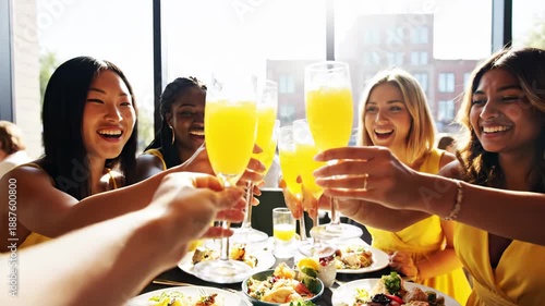 Diverse Women Friends Toasting with Mimosas at Brunch 4K Video