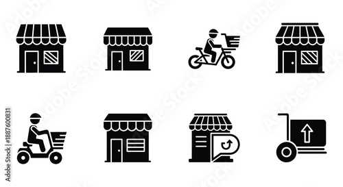 Delivery service icons featuring a store courier package truck and location pins