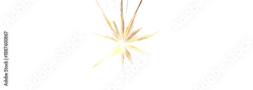 Explosão de luz dourada e brilhante com raios finos em fundo branco, ideal para sobreposição transparente.