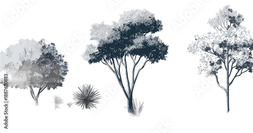 Conjunto de ilustraciones vectoriales de árboles y arbustos en escala de grises con fondo transparente para diseño.