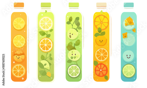 Illustrazione vettoriale di cinque bottiglie di bevande salutari con frutta, agrumi e foglie verdi, sfondo trasparente.