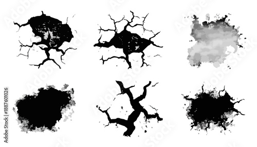 Conjunto de seis texturas abstractas negras de grietas y manchas con fondo transparente para diseño gráfico.