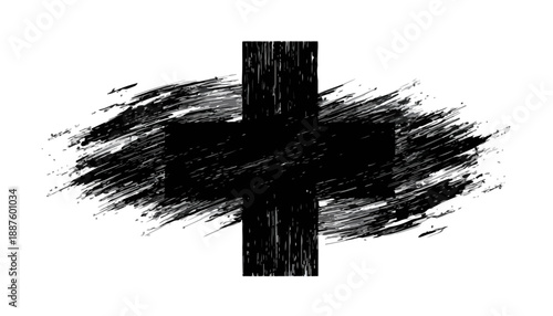 Signo de más o cruz negra grunge con textura de pincelada áspera sobre fondo blanco.
