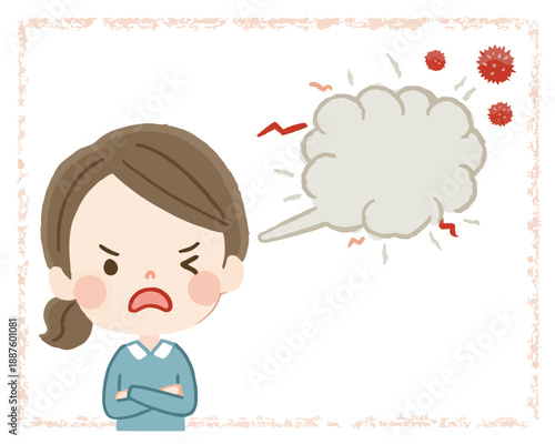 Donna arrabbiata con espressione frustrata e nuvola di vapore che simboleggia rabbia o stress.