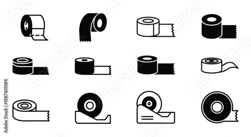 Collection of various black and white tape roll illustrations in different styles