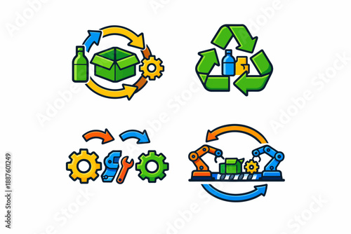 Recycling and automation icons: waste management, gear, robot, bottle, box