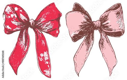 Desenho à mão livre de dois laços de fita, um vermelho e um rosa claro, com fundo transparente.
