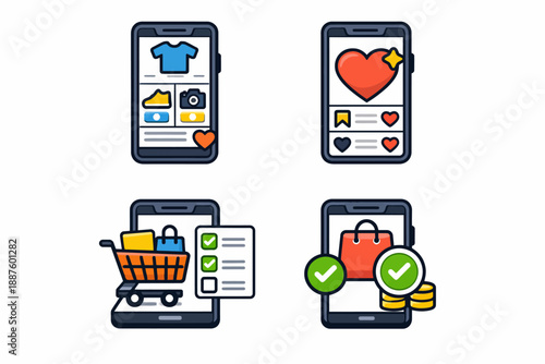 Online shopping concept with smartphone icons for clothing, wishlist, and checkout