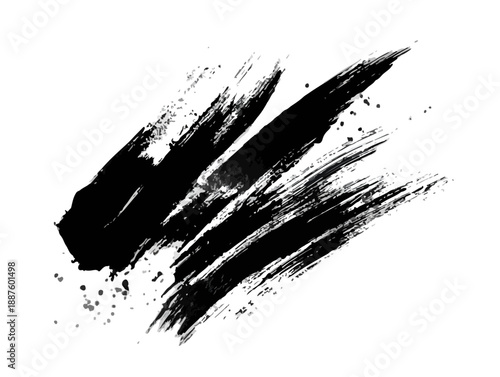 Traço de pincelada expressiva em tinta preta sobre fundo transparente, ideal para design e arte abstrata.