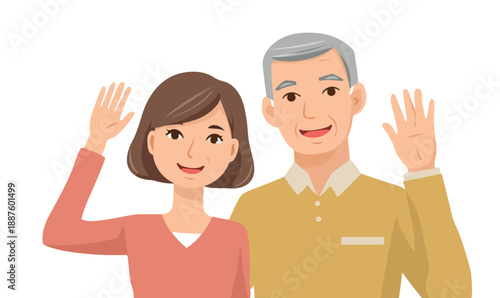 Coppia anziana sorridente saluta con la mano su sfondo trasparente, illustrazione vettoriale di pensionati felici.