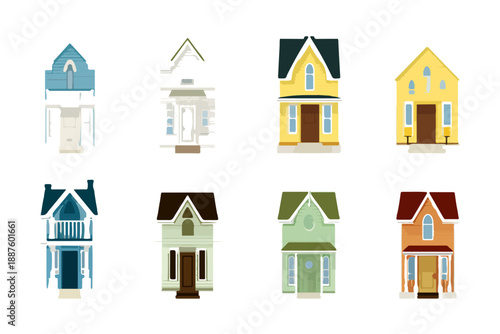 Collezione di illustrazioni vettoriali di facciate di case stilizzate, colorate e isolate su sfondo trasparente.