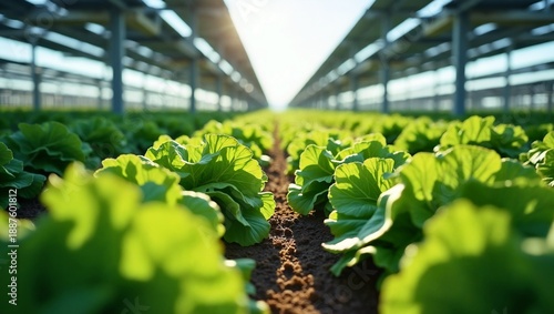 Wallpaper Mural A low-angle shot looking up through rows of leafy lettuce thriving in the dappled shade of elevated solar panels. A fertile, organized, and futuristic agricultural scene. Torontodigital.ca