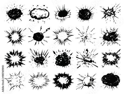 Colección de explosiones y efectos de impacto dibujados a mano, ideales para cómics y diseño gráfico.