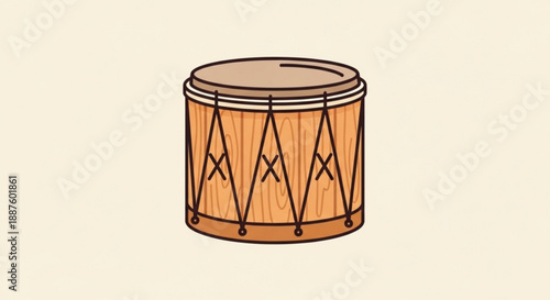 Wooden drum with black metal hardware and tan head on cream background musical instrument for rhythm and beats