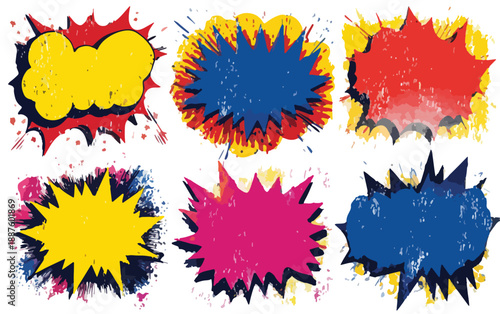 Set di sei fumetti esplosivi grunge colorati, forme astratte per testo su sfondo trasparente.