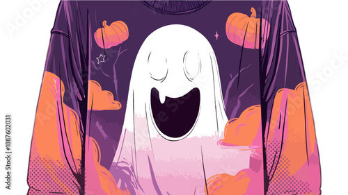 Ilustración de suéter morado con diseño de fantasma sonriente y calabazas, ideal para Halloween.