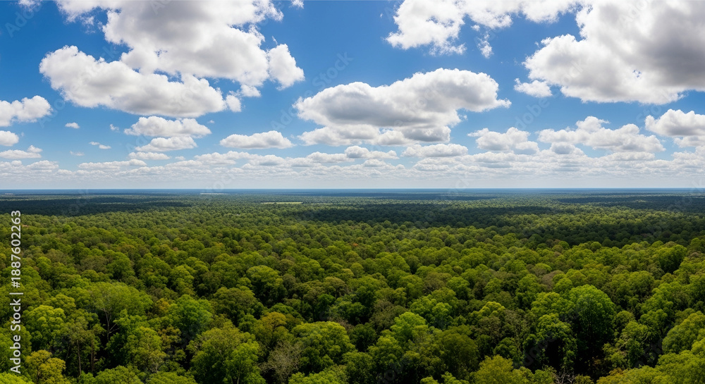 Fototapeta premium Lush green forest canopy under blue sky with fluffy clouds
