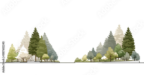 Illustrazione vettoriale di alberi e foreste con sfondo trasparente, grafica ecologica minimalista.