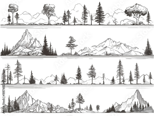 Set di illustrazioni vettoriali in bianco e nero di paesaggi naturali con montagne e alberi, stile schizzo trasparente.