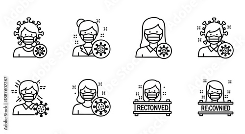 Diverse group of people wearing face masks and virus icons shown