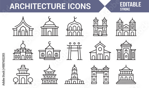 Urban landmark architecture icons minimal vector style