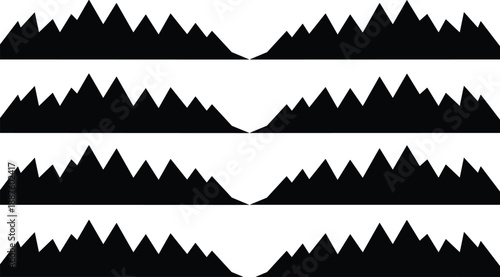 Mountain silhouette pattern set, jagged terrain design, waveform graphic, nature element, abstract landscape, black peaks, mirrored shape, minimalist art