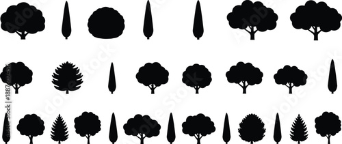 Tree silhouette icon set, black foliage design, shrub graphic, nature element, landscape clipart, botanical shape, forest plant illustration