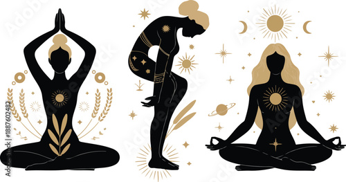 Mystical Women Outline Icon Set  Celestial Yoga and Magical Poses