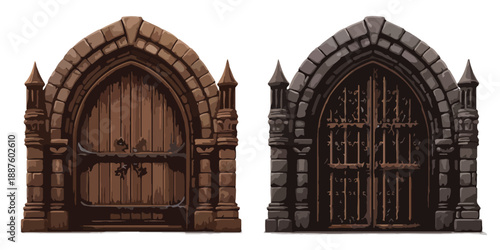 Coppia di porte gotiche ad arco, una in legno massiccio e una con inferriate, su sfondo trasparente.