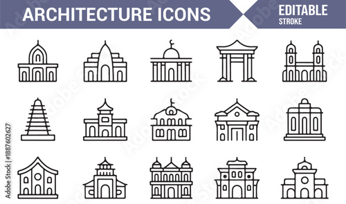Famous landmark and building icons set isolated on white