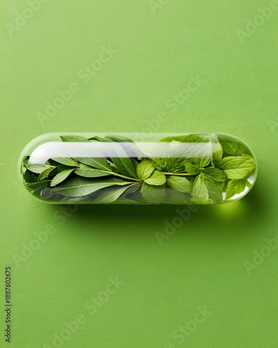 Capsule on a green background. Close-up macro. Green leaves in the capsule. Treatment, rejuvenation at the cellular level.