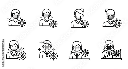 Diverse group of people wearing face masks and virus icons shown