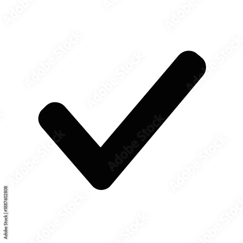 Ícone de marca de seleção preto sólido simples, símbolo de confirmação ou aprovação isolado em fundo transparente.