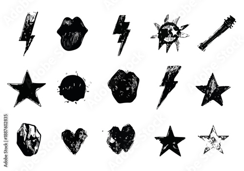 Conjunto de iconos dibujados a mano en blanco y negro con rayos, labios, estrellas y corazones sobre fondo transparente.