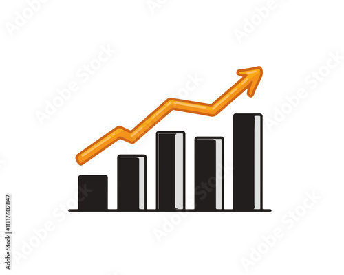 Gráfico de barras com seta laranja ascendente indicando crescimento positivo e sucesso de negócios em fundo transparente.