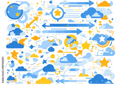 Illustrazione vettoriale astratta con nuvole, stelle, frecce direzionali e simboli di navigazione su sfondo trasparente.