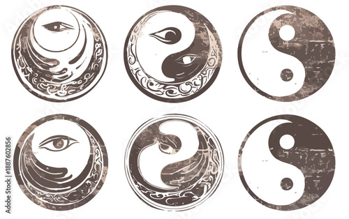 Set di sei simboli Yin Yang stilizzati con occhio, stile grunge e texture vintage su sfondo trasparente.