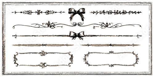 Conjunto de divisores ornamentales y marcos dibujados a mano con lazos, estilo vintage, fondo transparente.