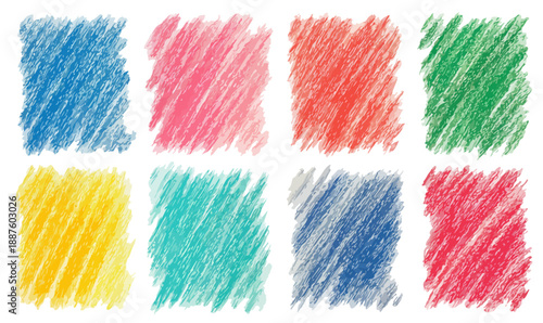 Set di otto macchie colorate a pastello, texture tratteggiate, sfondo trasparente per design grafico.