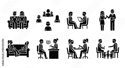 Illustrations depicting various therapy and counseling session scenarios in black and white
