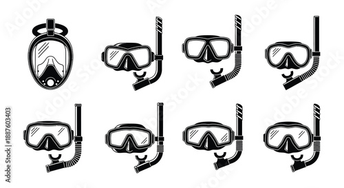 Collection of diving masks and snorkels in a simple black and white style