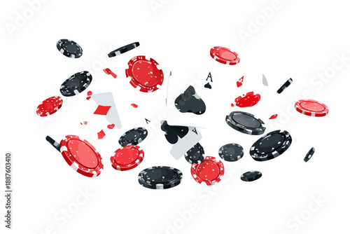 Gettoni da poker rossi e neri e carte da gioco volanti su sfondo trasparente, concetto di gioco d'azzardo.
