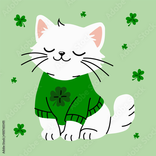 Cute White Cat in Green Sweater with Shamrocks