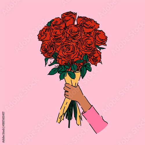 Hand Holding a Bouquet of Red Roses on Pink Background