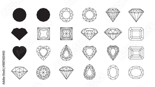 Diamond and Heart Icons in Various Styles and Line Art on White Background for Jewelry Design