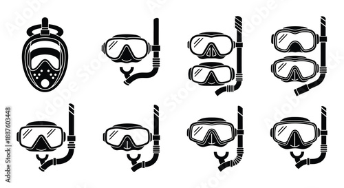 Collection of diving masks and snorkels in a simple black and white style