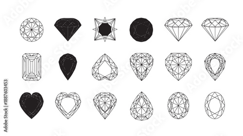 Collection of diamond icons in various shapes and styles in black and white line art for jewelry design